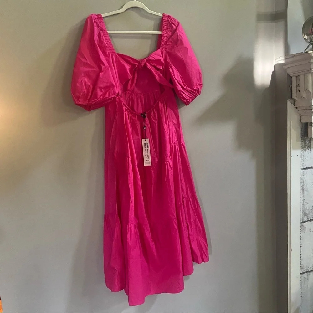 New! Minkpink Yasamin puff sleeve tiered midi dress raspberry pink 13984 - Picture 4 of 7